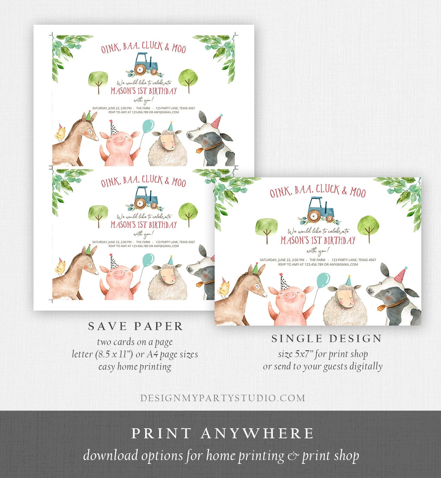 Editable Farm Birthday Invitation Boy Farm Animals Tractor Barnyard Barn Birthday Party Animals Digital Corjl Template Printable 0155