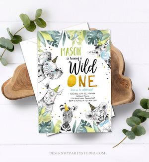 Editable Wild One Birthday Invitation Safari Party Animals Boy Gold First Birthday Born to be Wild Monochrome Corjl Template Printable 0322