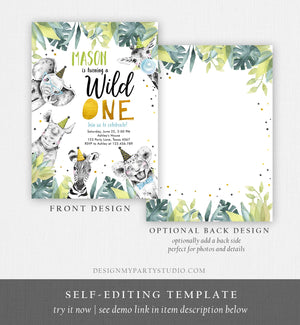 Editable Wild One Birthday Invitation Safari Party Animals Boy Gold First Birthday Born to be Wild Monochrome Corjl Template Printable 0322