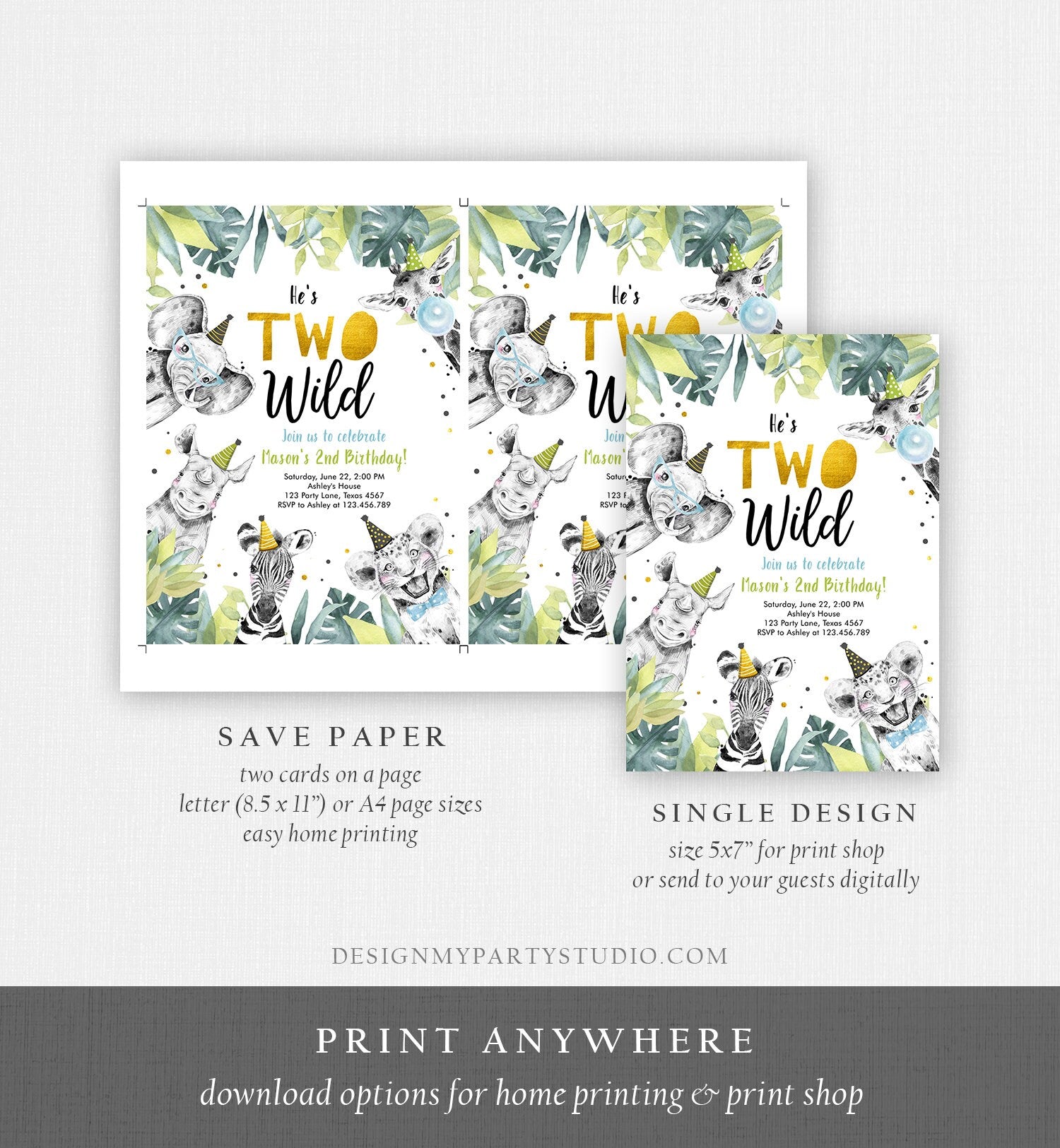 Editable Two Wild Birthday Invitation Safari Party Animals Boy Gold Second Birthday Born Two Be Wild Digital Corjl Template Printable 0322