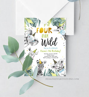 Editable Four Ever Wild Invitation Safari Animals Party Animals Boy Gold Fourth Birthday 4th Zoo Digital Corjl Template Printable 0322