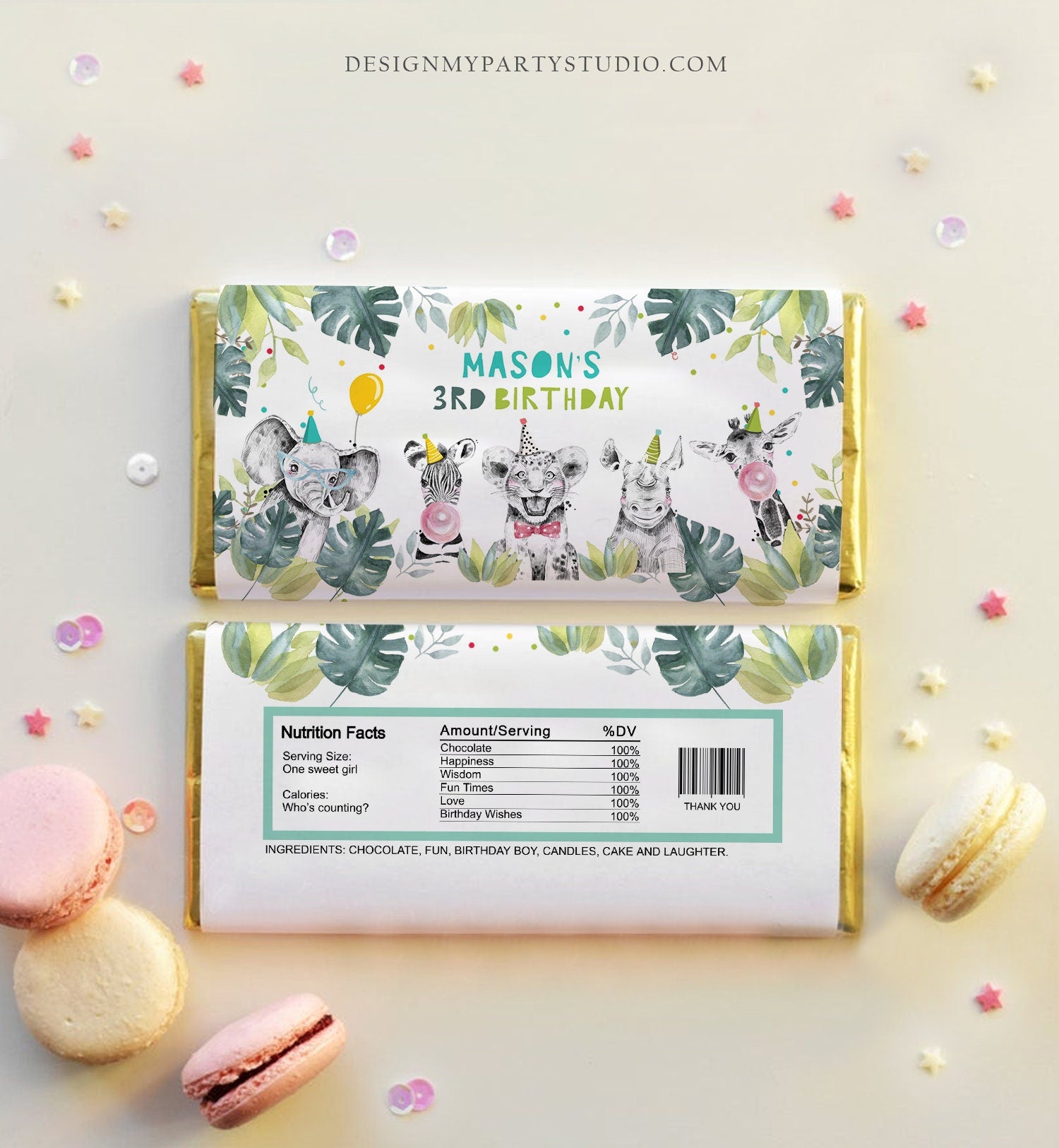 Editable Candy Bar Wrapper Party Animals Birthday Chocolate Bar Wrapper Safari Birthday Favors Jungle Boy Digital Template PRINTABLE 0322