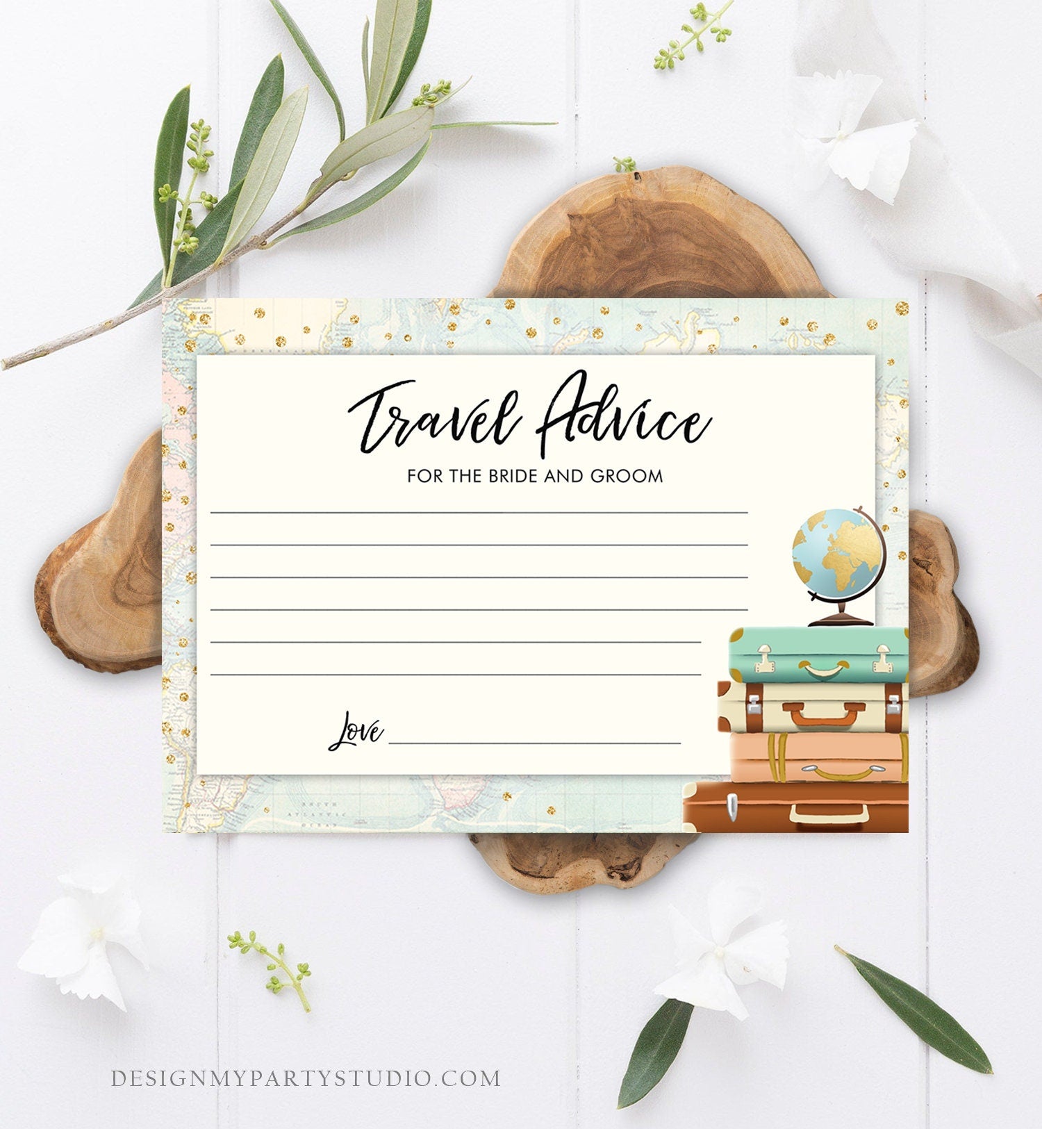 Editable Advice for the Bride-to-Be Card Bridal Shower Travel Words of Wisdom Advice for Bride Game Adventure Suitcases Corjl Template 0263