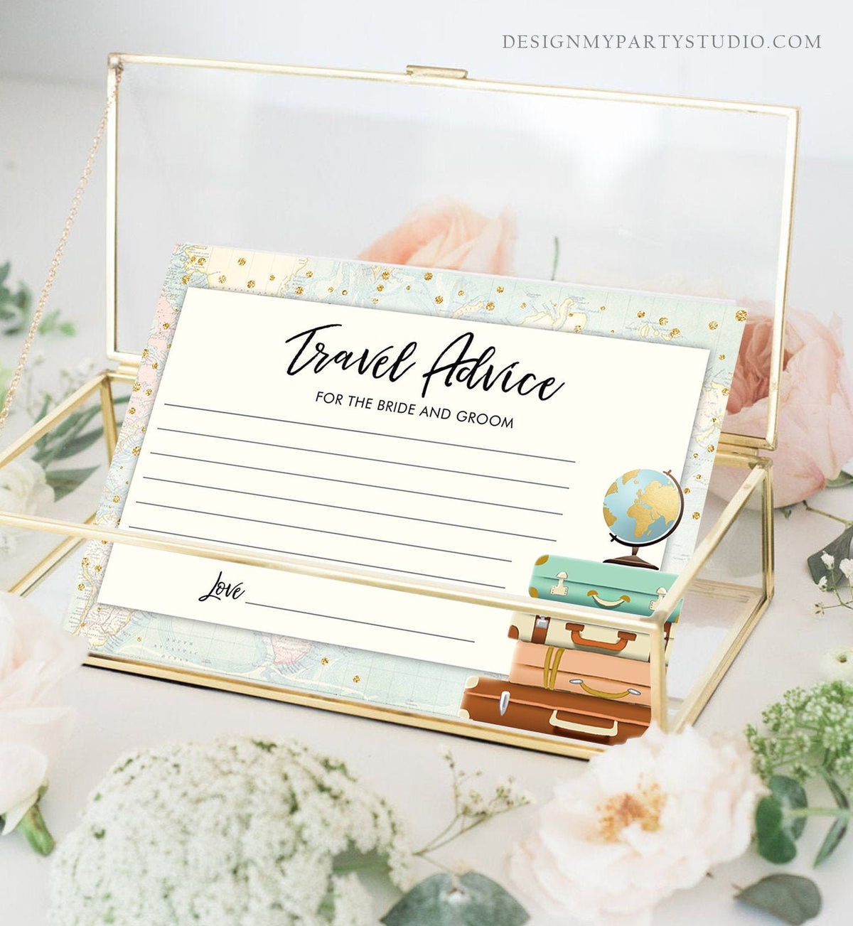 Editable Advice for the Bride-to-Be Card Bridal Shower Travel Words of Wisdom Advice for Bride Game Adventure Suitcases Corjl Template 0263