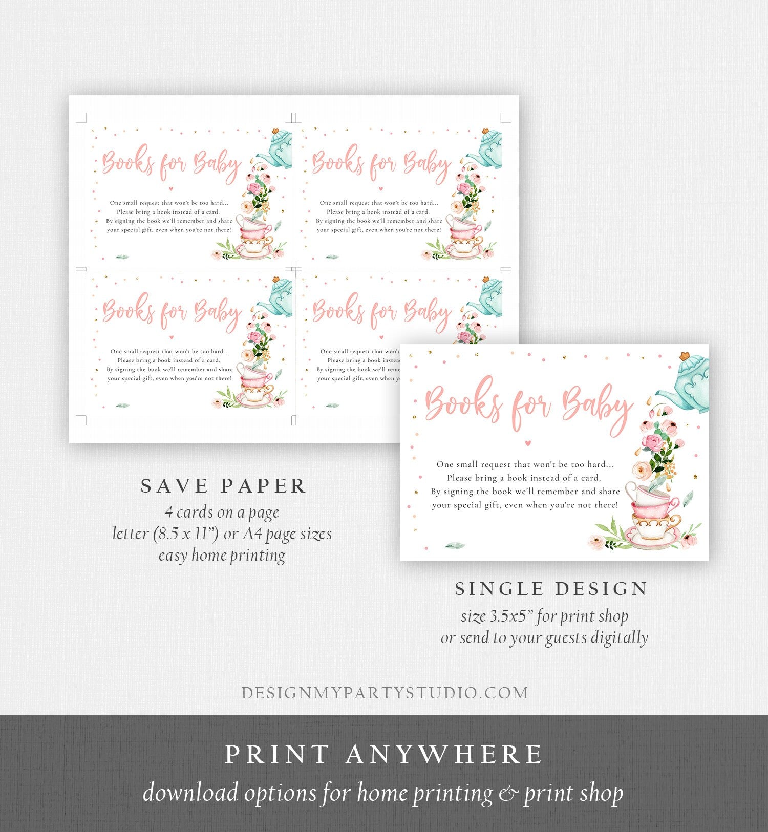 Editable Bring a Book Card Baby is Brewing Baby Shower Tea Party Book Insert Books for Baby Book Request Download Template Printable 0349