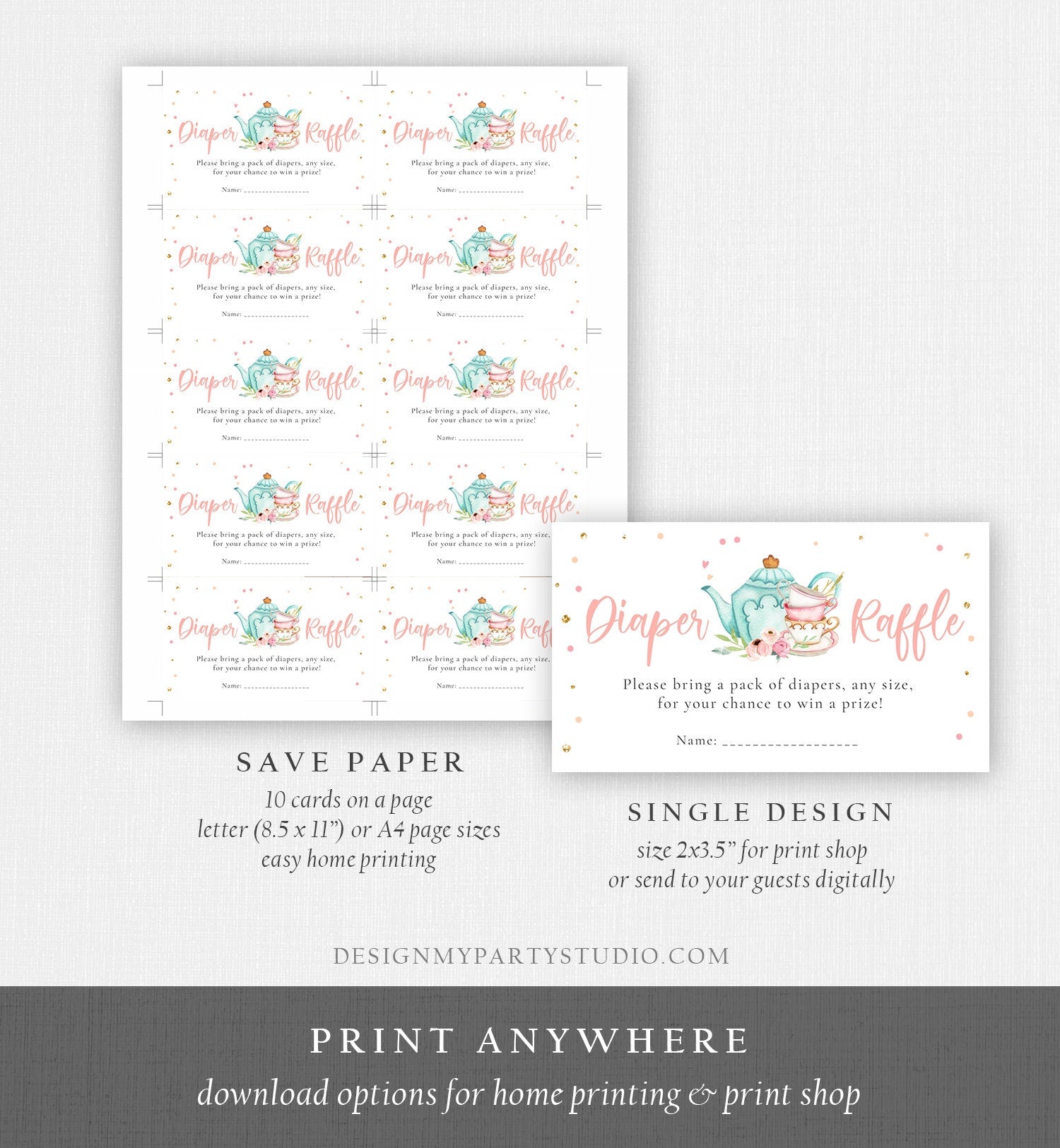 Editable Diaper Raffle Ticket Diaper Game Card Baby is Brewing Baby shower Tea Floral Brunch Pink Digital Download Template Printable 0349