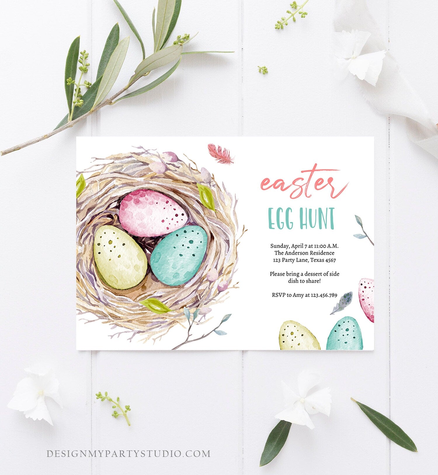 Editable Easter Egg Hunt Invitation Easter Brunch Easter Party Invite Colored Eggs Nest Download Printable Template Corjl Digital 0449 0393