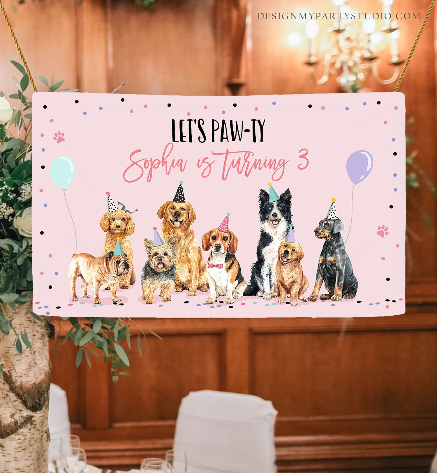 Editable Puppy Backdrop Banner Pink Dog Birthday Puppy Birthday Decorations Adopt a Pet Pawty Doggy Download Corjl Template Printable 0384