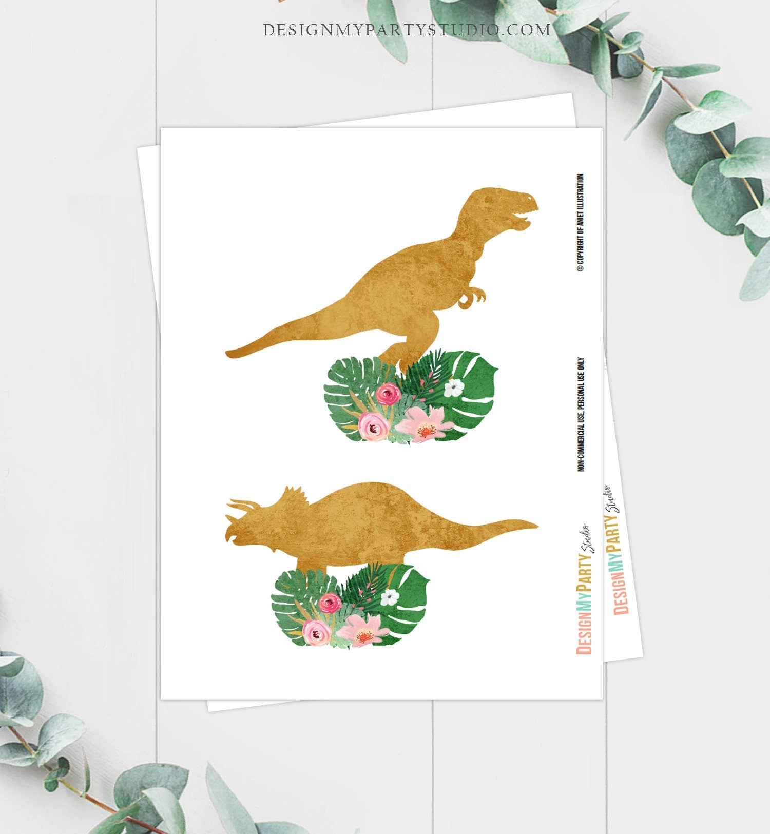 Printable Dinosaur Centerpieces Safari Leaves Gold Girl Birthday Party Jungle Cake Topper Table Decor Wild One Decorations DIY Digital 0146