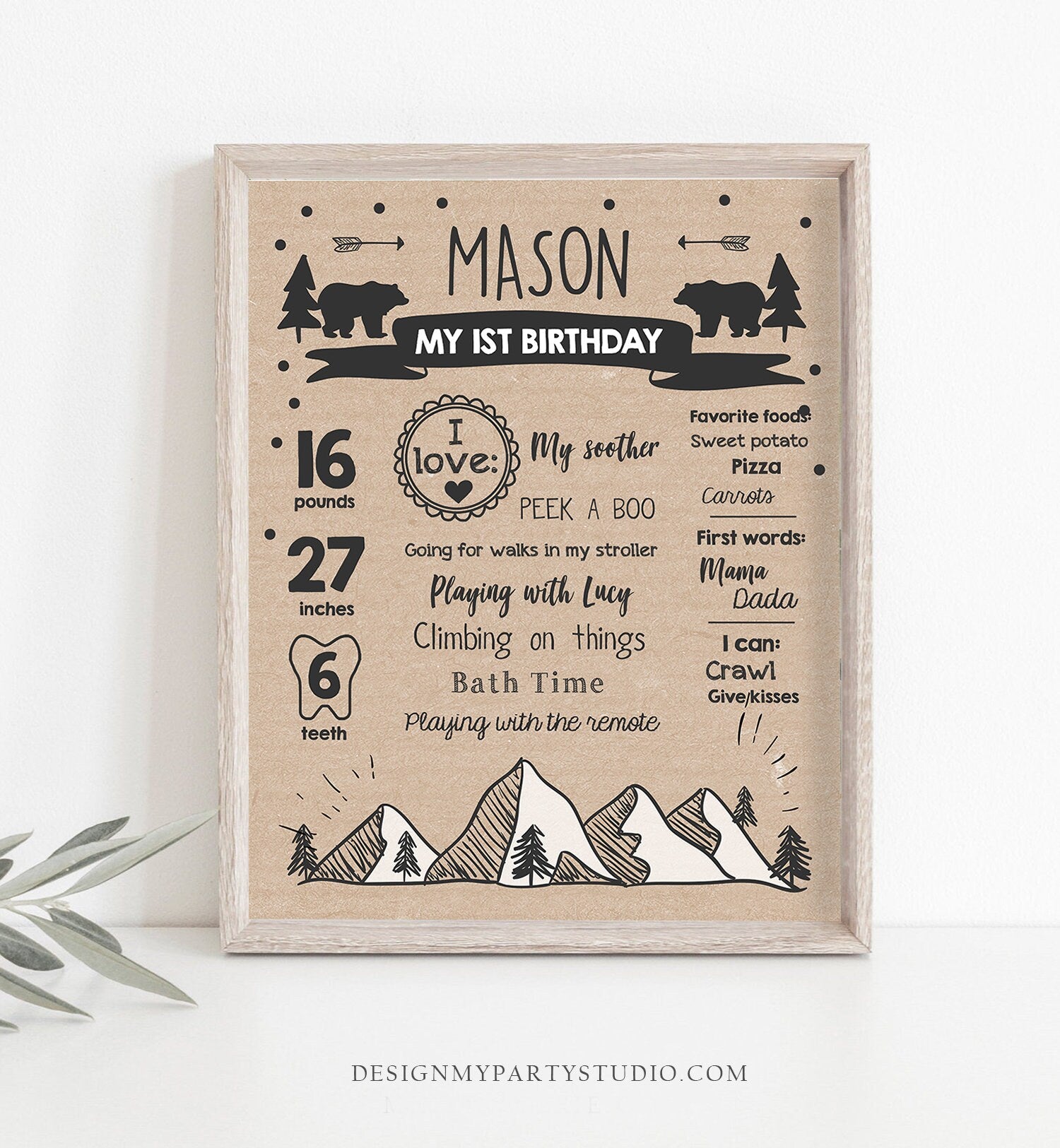 Editable Wild Adventure Birthday Milestones Sign Wild One First Birthday 1st Boy Onederful Wild Adventure Bear Corjl Template Printable 0083