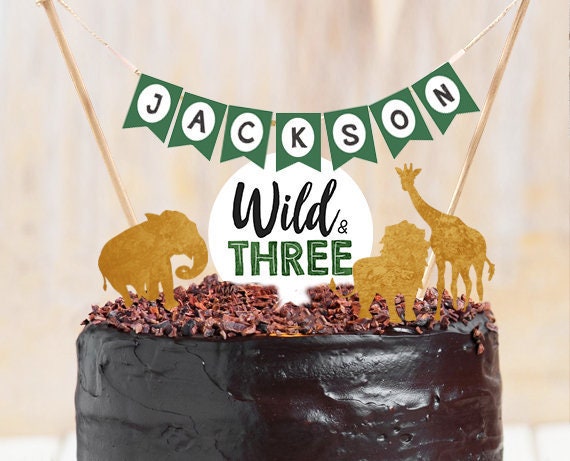 Wild and Thee Cake Topper Safari Animals Third Birthday 3rd Party Animals Name Banner Black Gold Jungle Party Digital Printable 0016