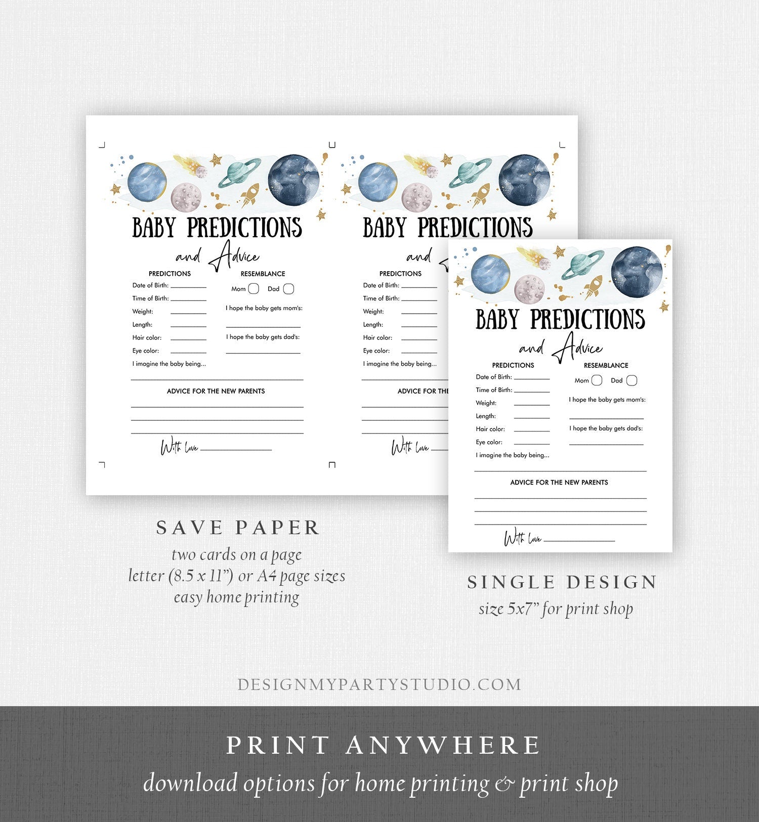 Editable Baby Predictions Baby Shower Game Advice Outer Space Planets Houston We Have a Boy Rocket Activity Corjl Template Printable 0357