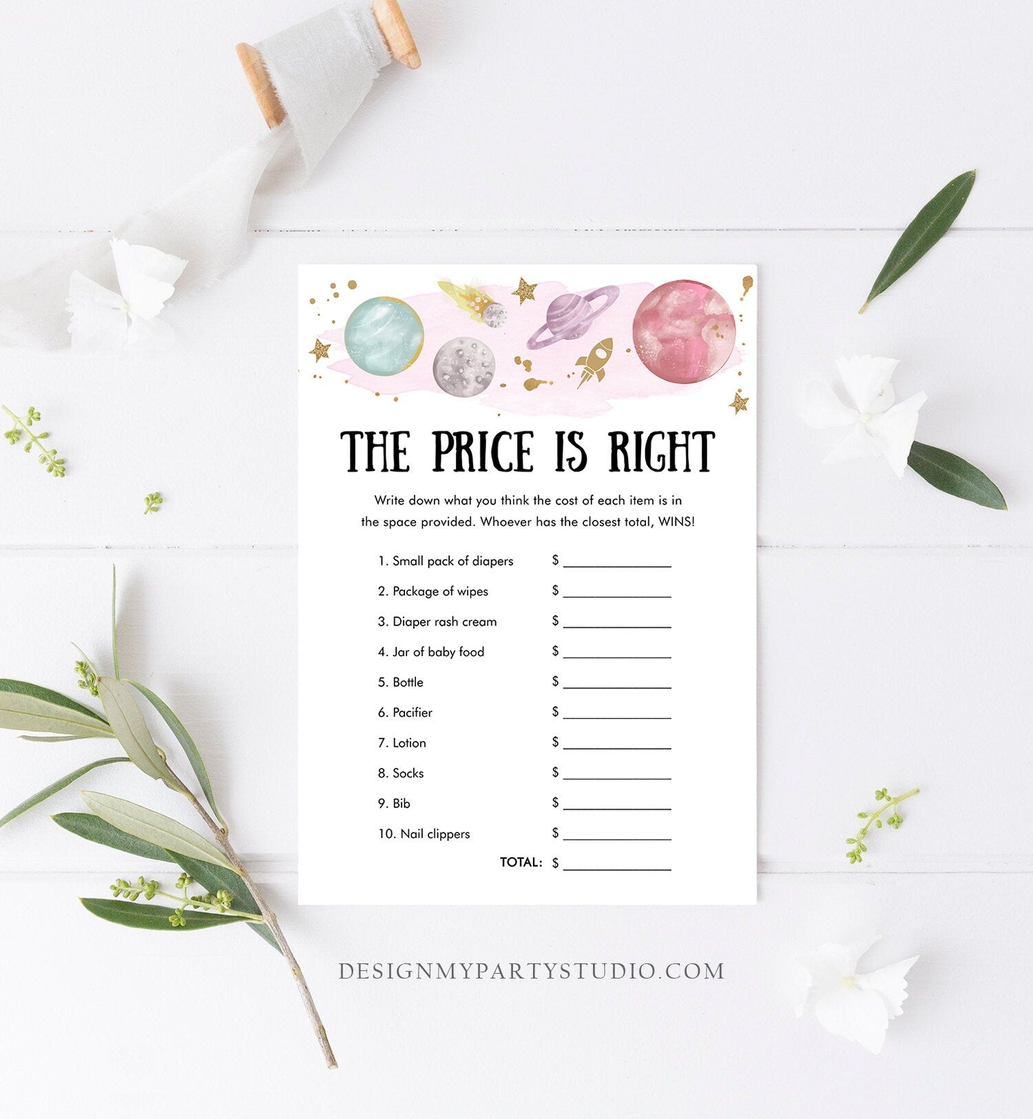 Editable The Price is Right Baby Shower Game Outer Space Planets Houston We Have Girl Rocket Neutral Activity Corjl Template Printable 0357