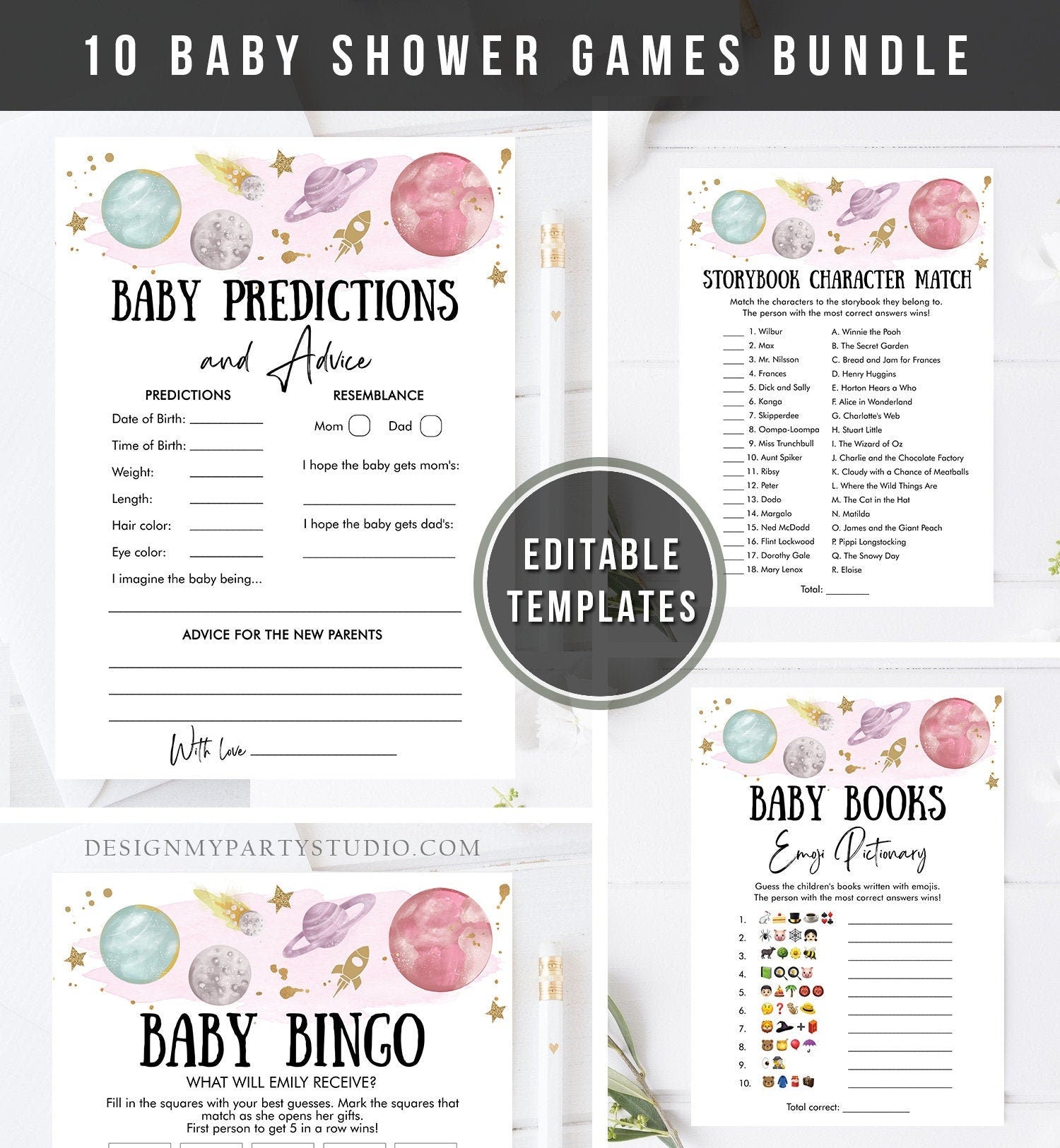 Editable Space Planets Baby Shower Games Bundle Outer Space Houston We Have a Girl Rocket Couples Activity Digital Template Printable 0357