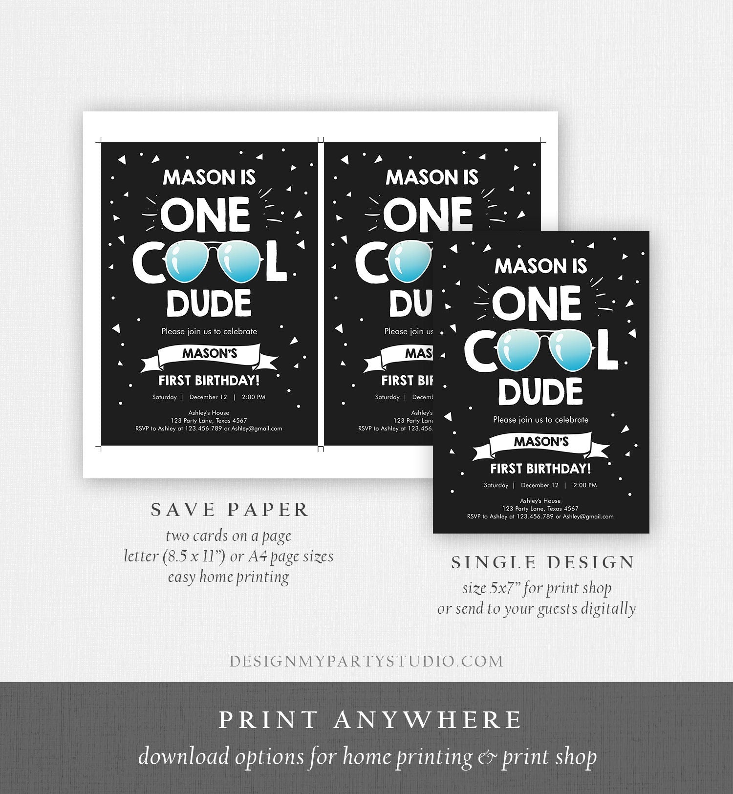 Editable One Cool Dude 1st Birthday Invitation Boy First Birthday Party Sunglasses Pilot Pool Cool One Printable Corjl Template 0136