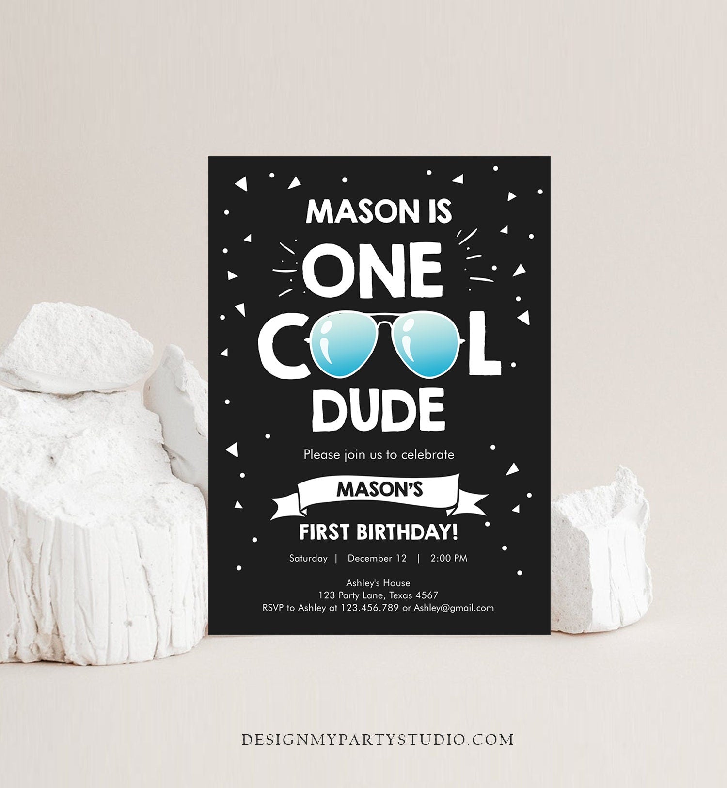 Editable One Cool Dude 1st Birthday Invitation Boy First Birthday Party Sunglasses Pilot Pool Cool One Printable Corjl Template 0136