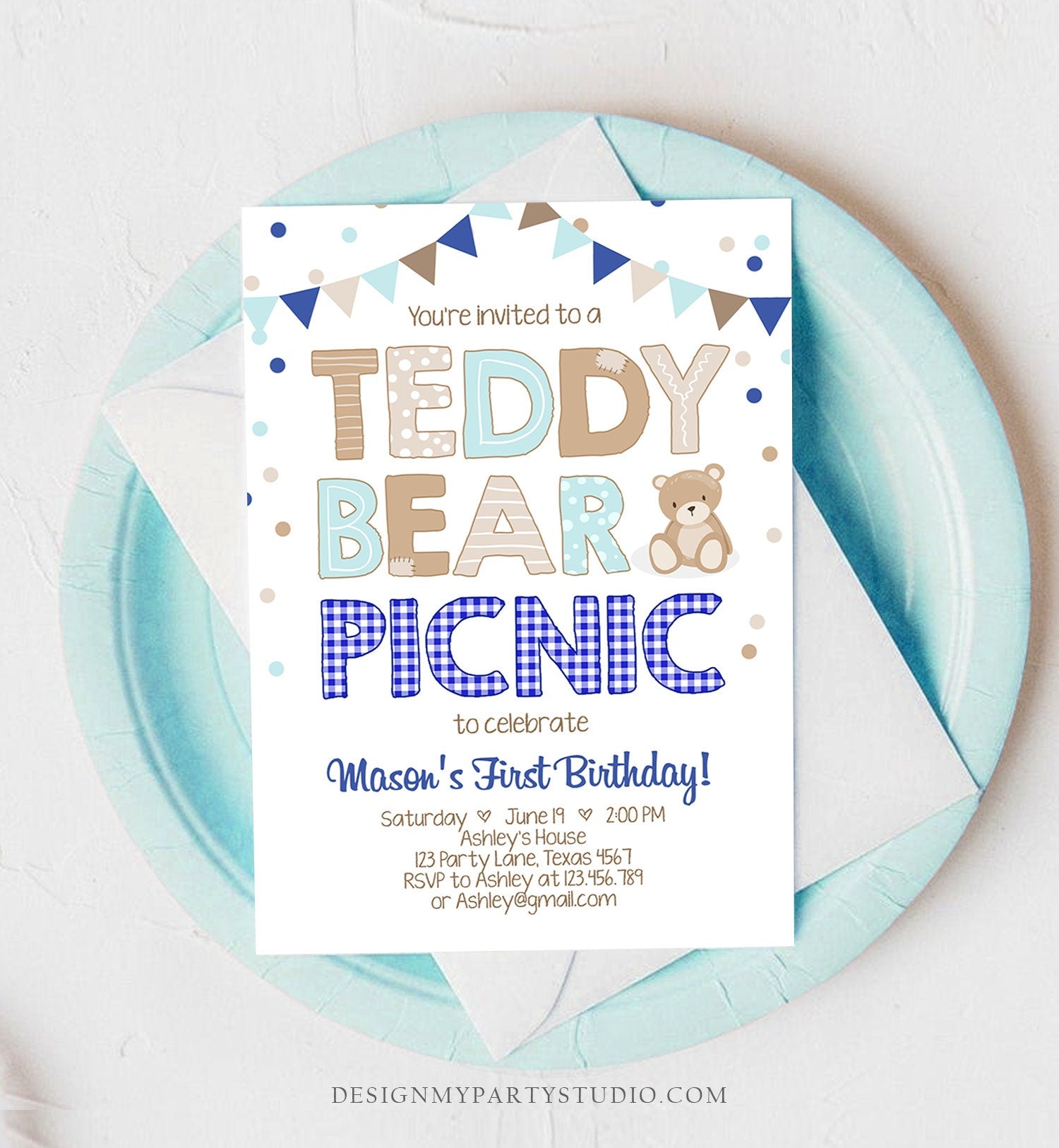 Editable Teddy Bear Picnic Birthday Invitation Boy Navy Blue Gingham Bear Picnic Outdoor First Birthday Digital Corjl Template 0100