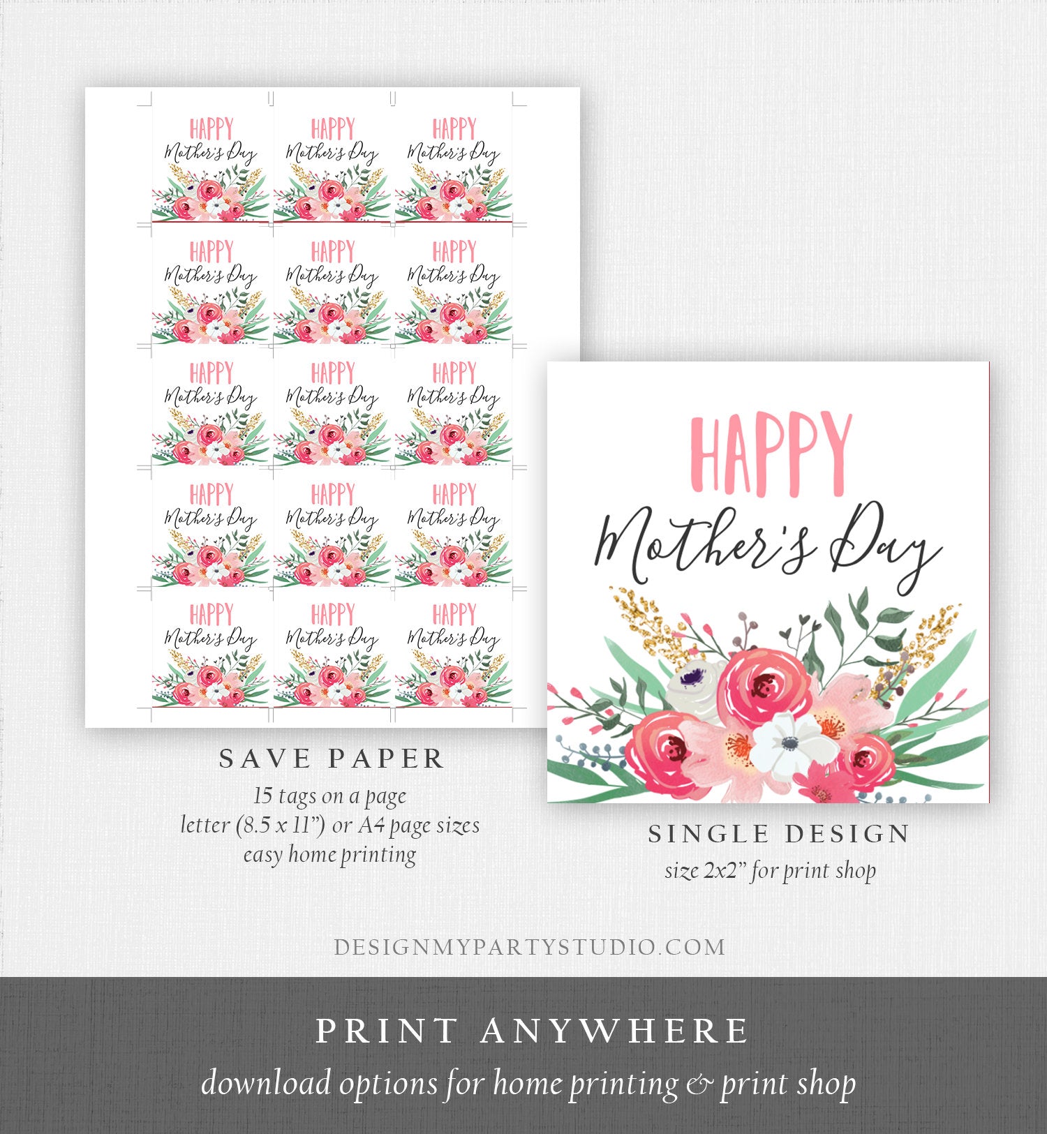 Editable Happy Mother's Day Favor Tag Mothers Day Gift Tag Mommy Floral Watercolor Pink Gold Gift Label Corjl Template Download Printable