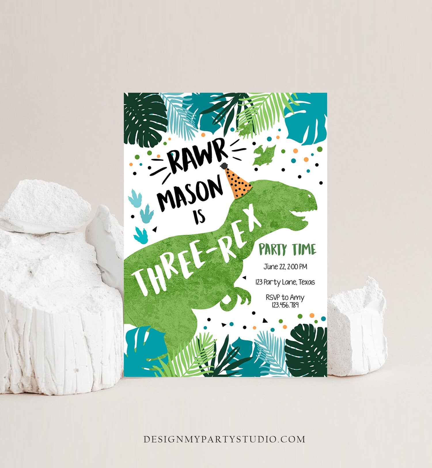 Editable Three-Rex Dinosaur Birthday Invitation Dino T-Rex Third Birthday 3rd Rawr Boy Green Blue Prehistoric Printable Corjl Template 0389