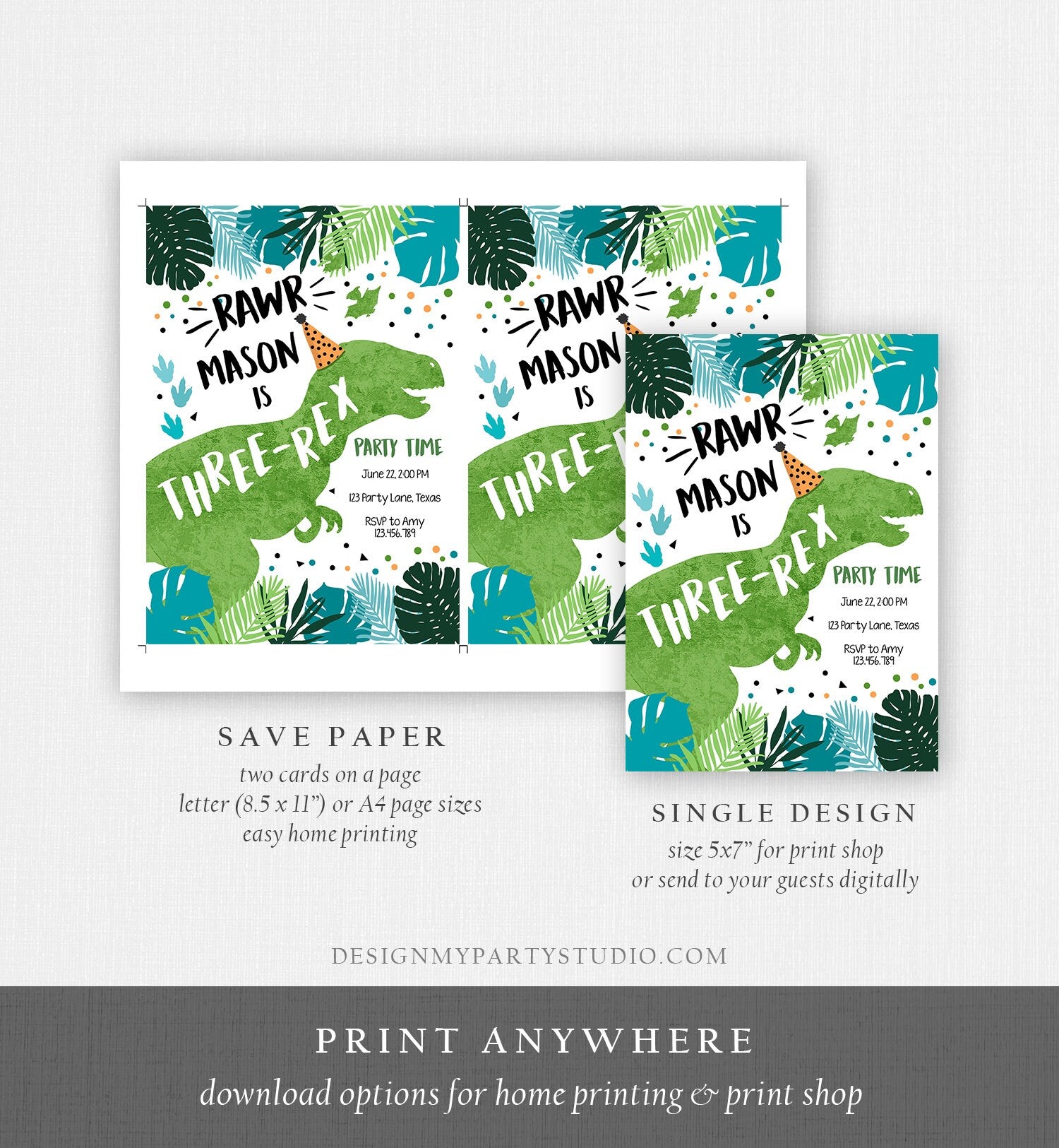 Editable Three-Rex Dinosaur Birthday Invitation Dino T-Rex Third Birthday 3rd Rawr Boy Green Blue Prehistoric Printable Corjl Template 0389