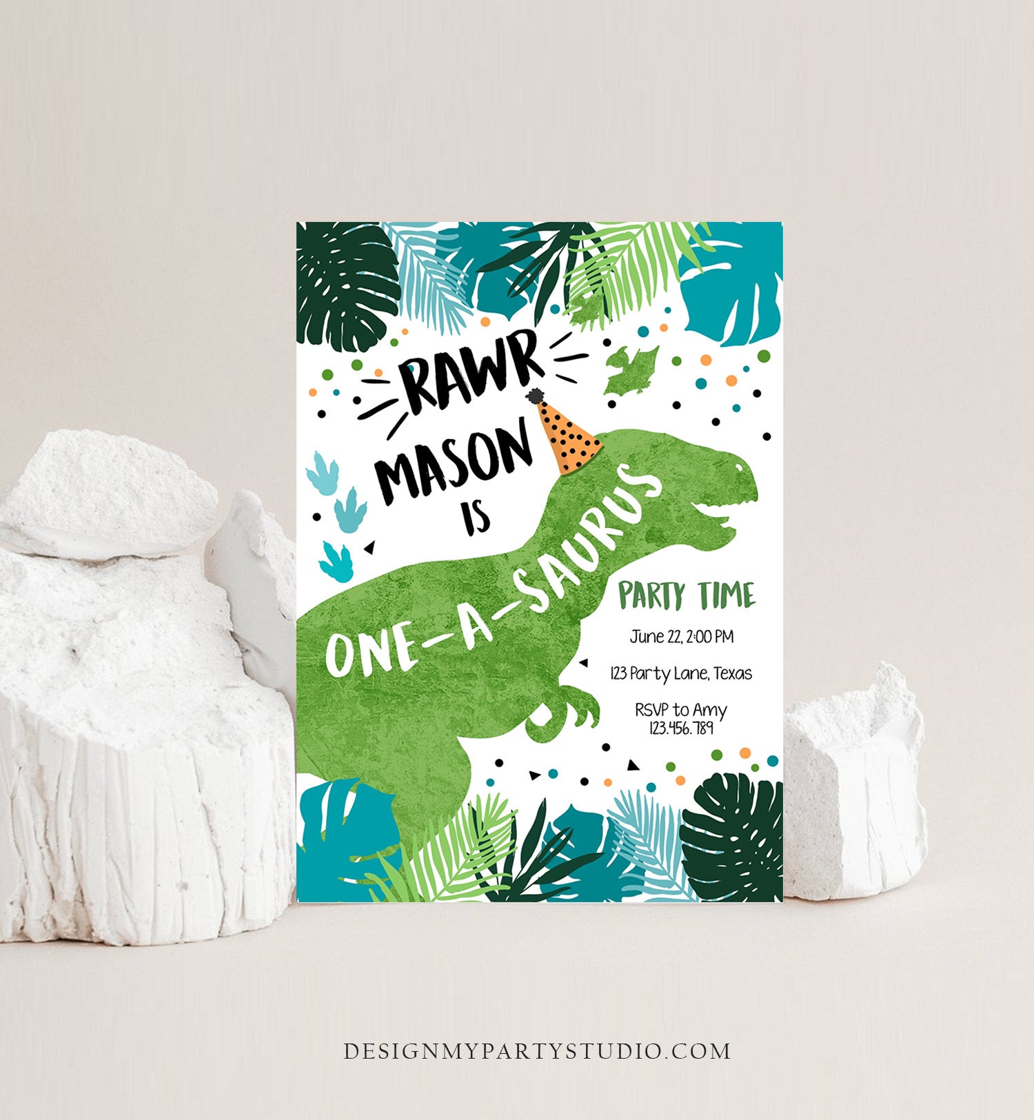 Editable One-A-Saurus Dinosaur Birthday Invitation Dino T-Rex Boy First 1st RAWR ROAR Green Prehistoric Digital Template Printable 0389