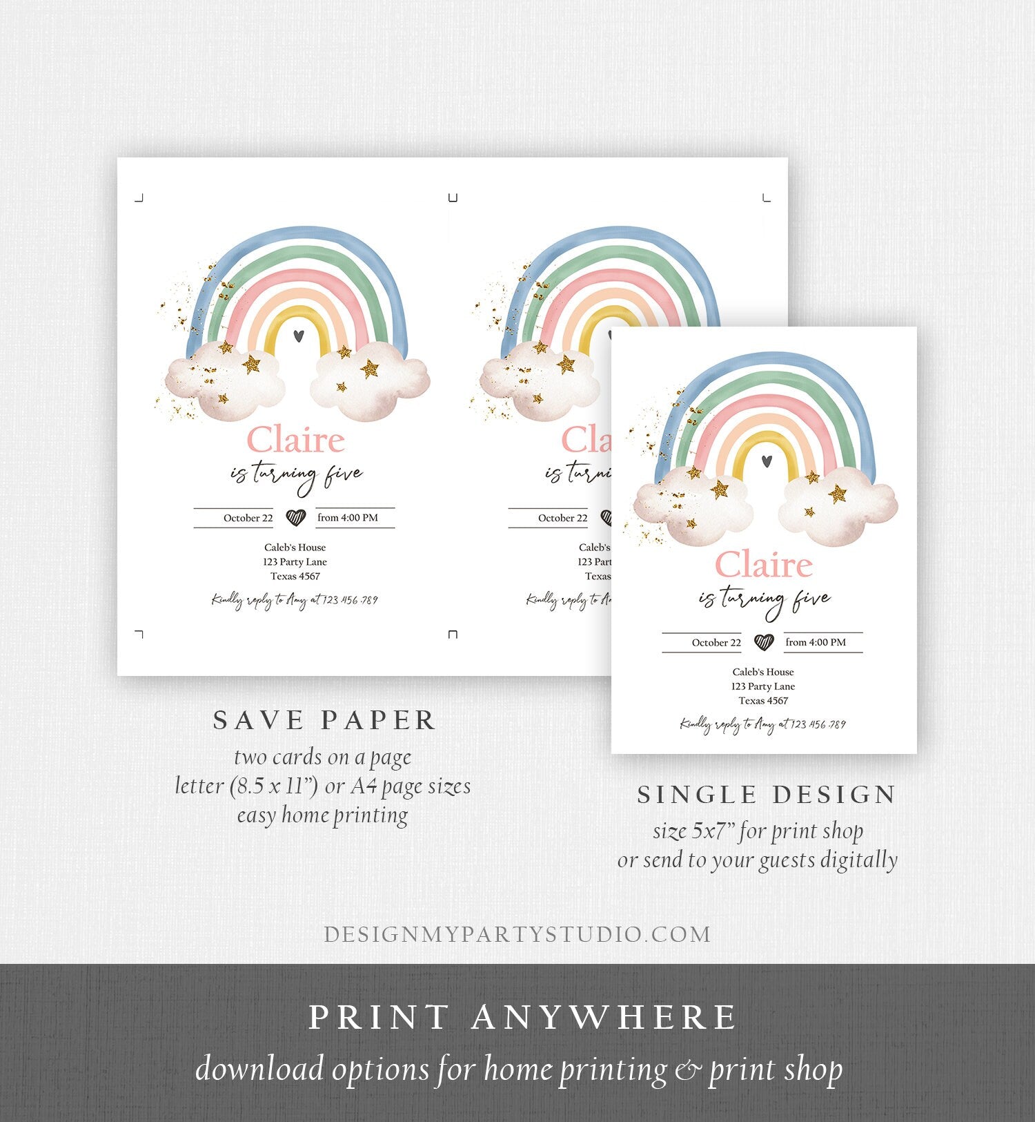 Editable Rainbow Birthday Invitation Pastel Rainbow Invite Girl Over The Rainbow Party Modern Boho Printable Download Digital Template 0387