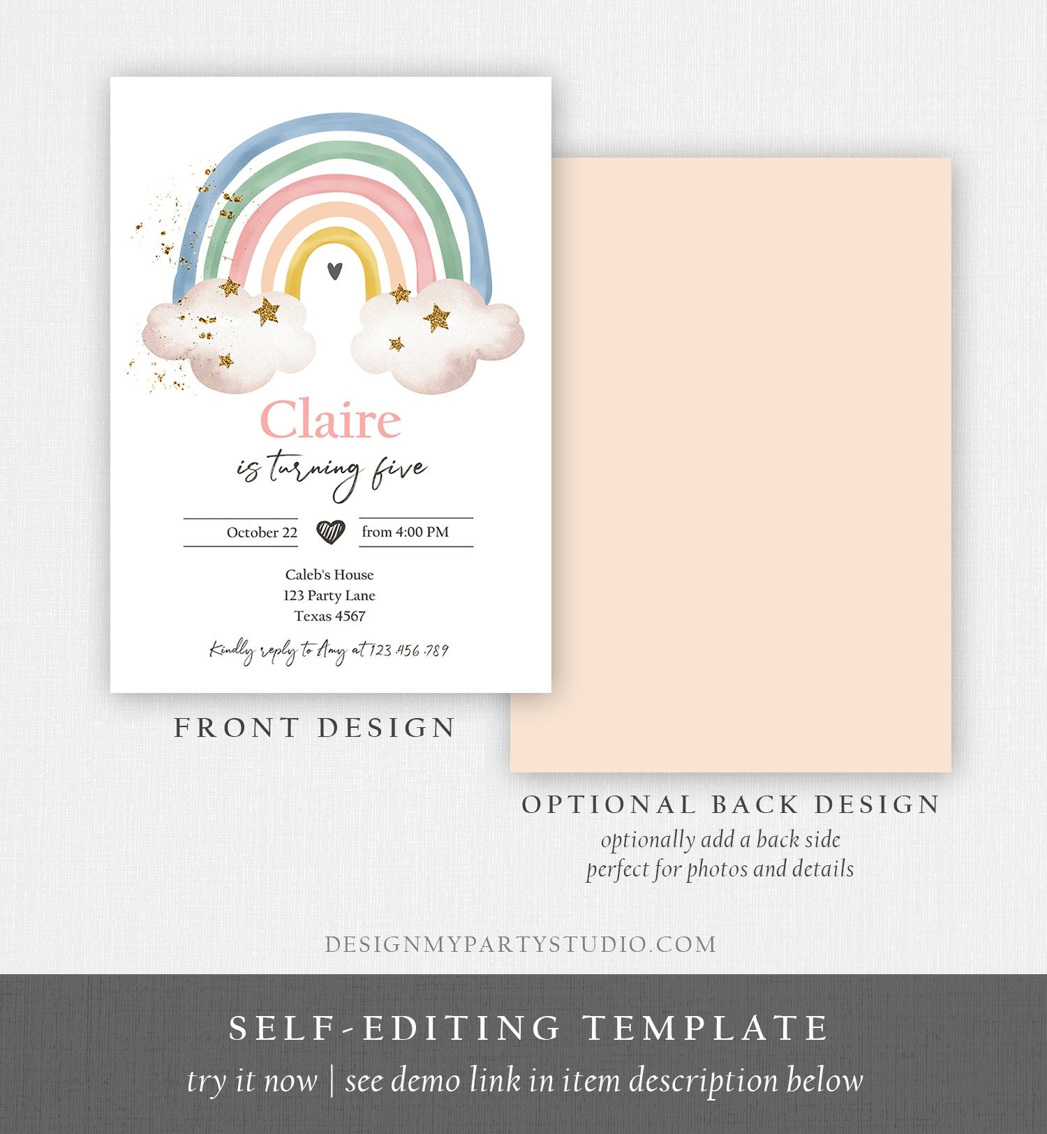 Editable Rainbow Birthday Invitation Pastel Rainbow Invite Girl Over The Rainbow Party Modern Boho Printable Download Digital Template 0387