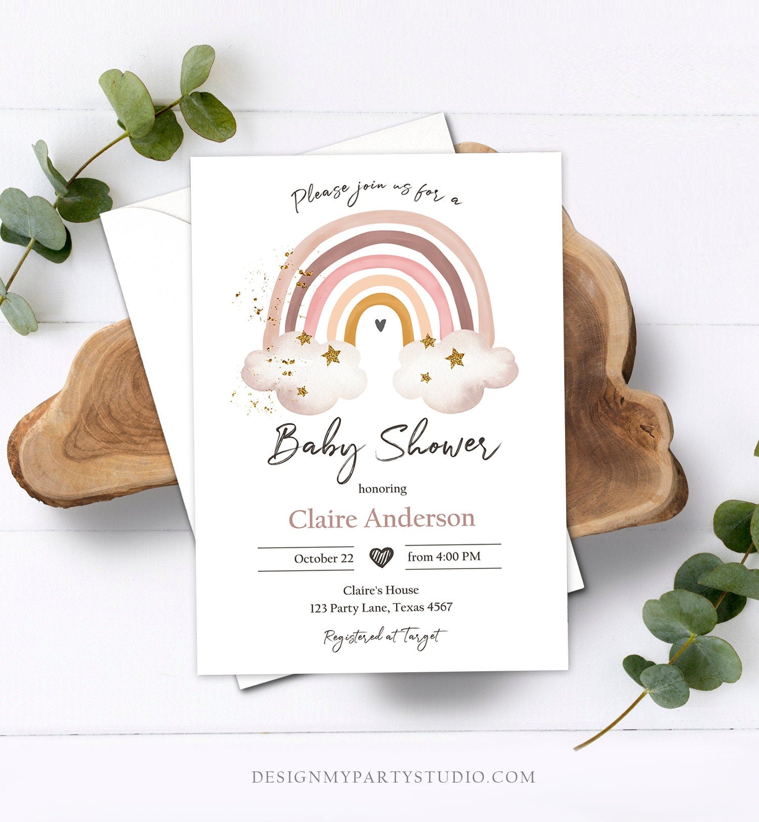 Editable Rainbow Baby Shower Invitation Rainbow Invitation Gender Neutral Pastel Boho Bohemian Digital Download Template Printable 0387