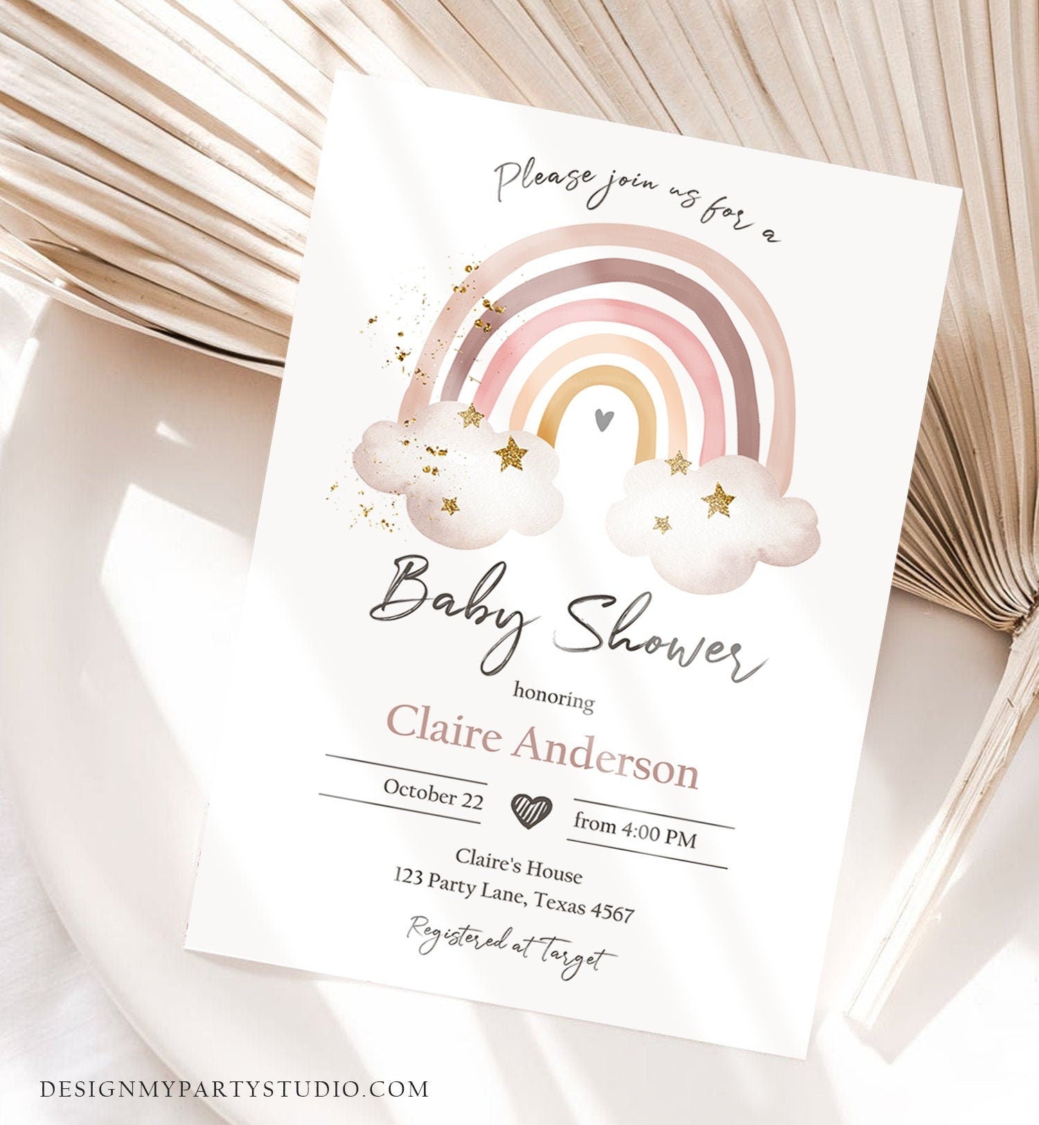 Editable Rainbow Baby Shower Invitation Rainbow Invitation Gender Neutral Pastel Boho Bohemian Digital Download Template Printable 0387