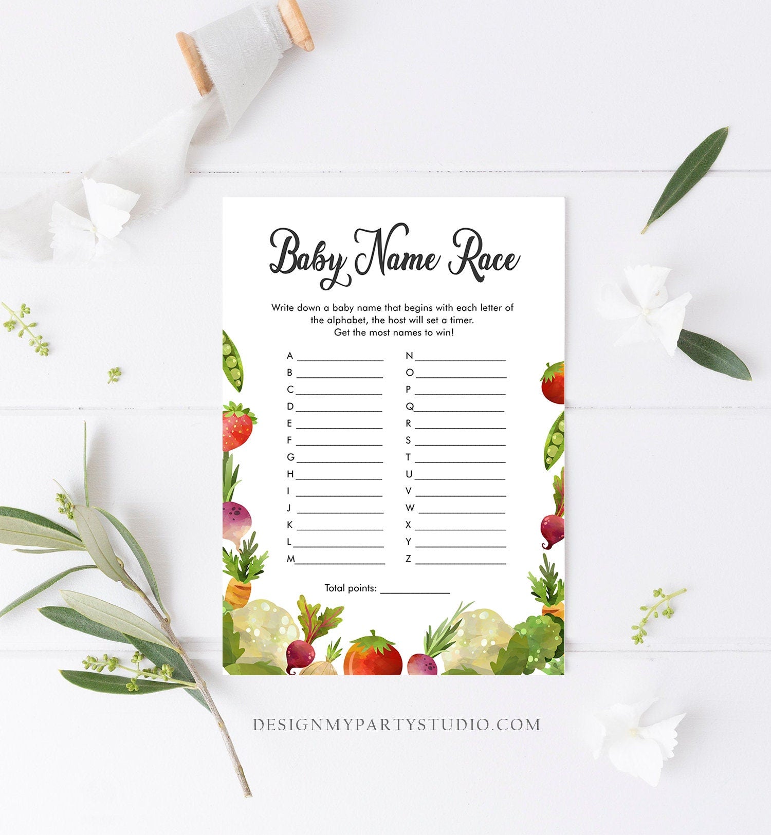 Editable Baby Name Race Baby Shower Game Locally Grown Farmers Market Fruit Vegetables Farm Barn Fun Names Corjl Template Printable 0144