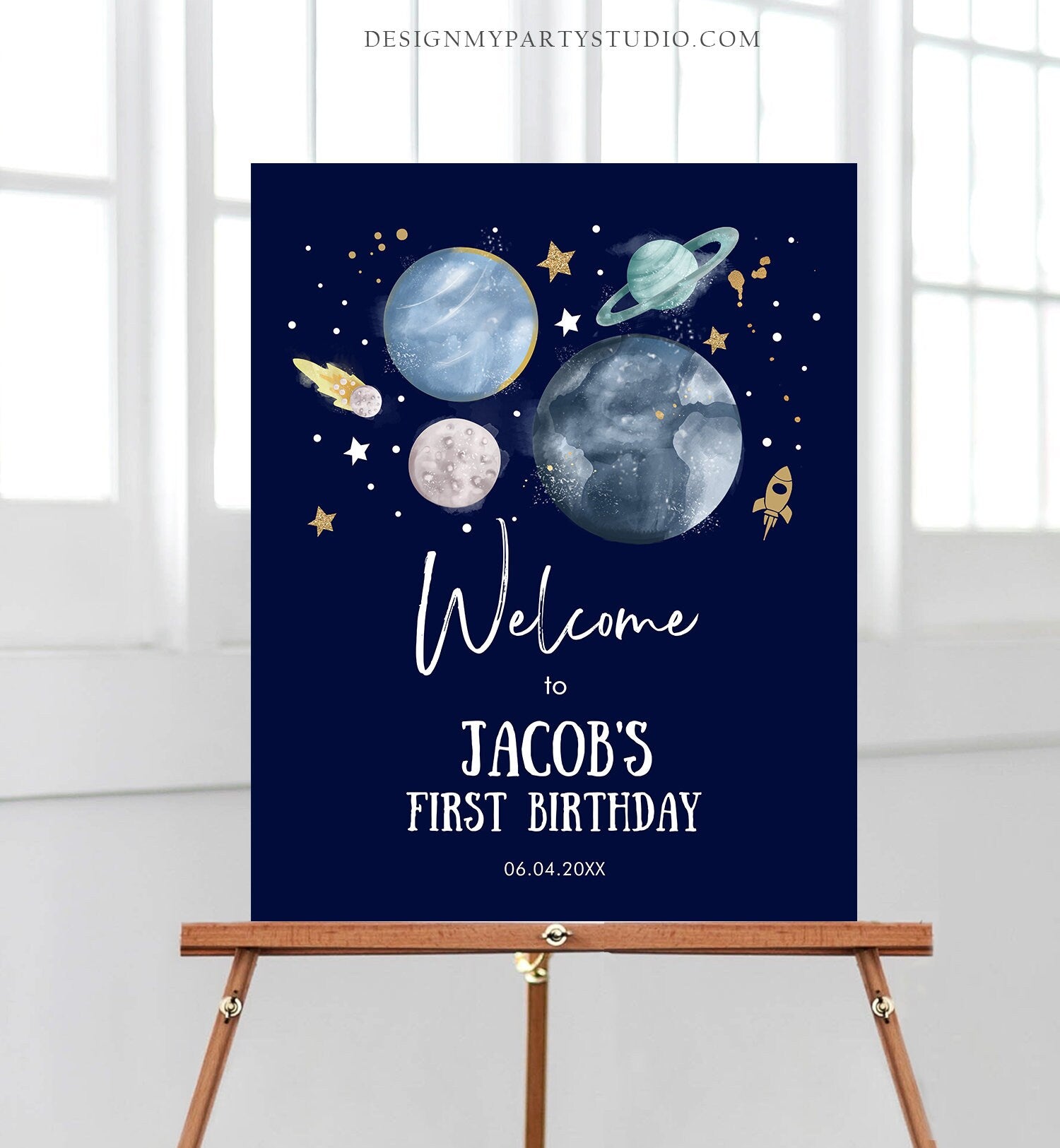 Editable Outer Space Birthday Welcome Sign 1st Birthday Boy Galaxy Planets Trip Around the Sun Astronaut Template PRINTABLE Corjl 0357