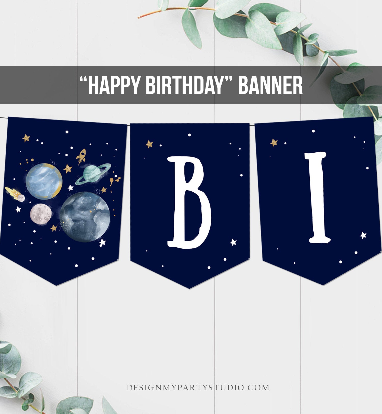 Happy Birthday Banner Outer Space Planets Banner Boy Galaxy First Birthday Decorations Rocket Instant download PRINTABLE DIGITAL DIY 0357