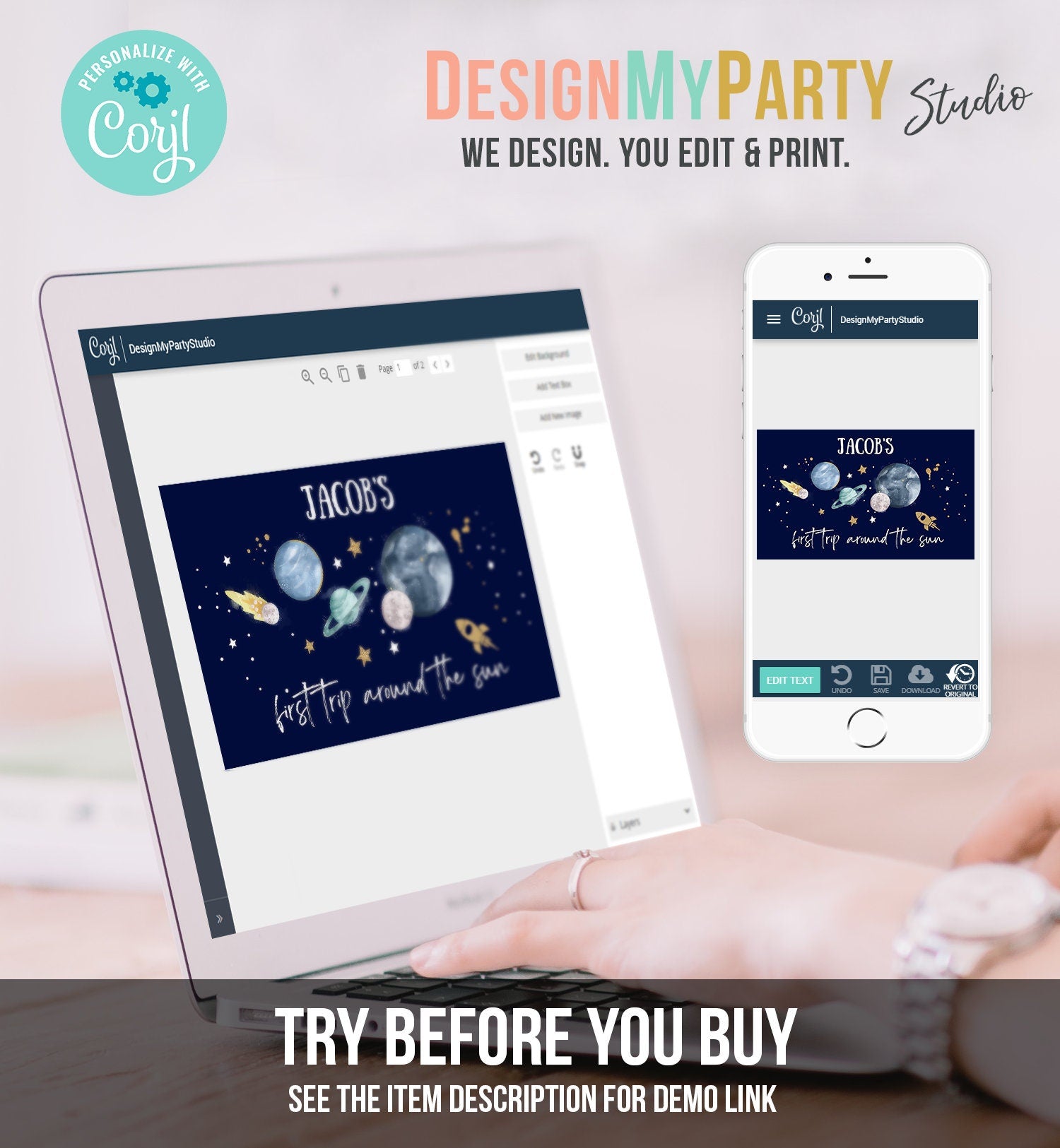 Editable Outer Space Backdrop Banner Space Birthday Boy Frist Trip Around the Sun Galaxy Planets Digital Download Template Printable 0357