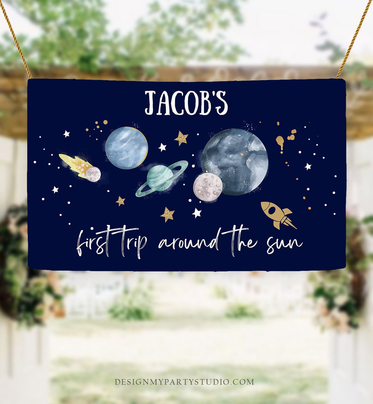 Editable Outer Space Backdrop Banner Space Birthday Boy Frist Trip Around the Sun Galaxy Planets Digital Download Template Printable 0357