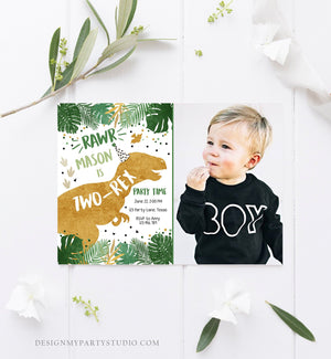 Editable Two-Rex Dinosaur Birthday Invitation Dino T-Rex Boy Second Birthday 2nd RAWR ROAR Green Gold Prehistoric Corjl Template 0146