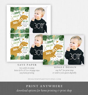 Editable Two-Rex Dinosaur Birthday Invitation Dino T-Rex Boy Second Birthday 2nd RAWR ROAR Green Gold Prehistoric Corjl Template 0146