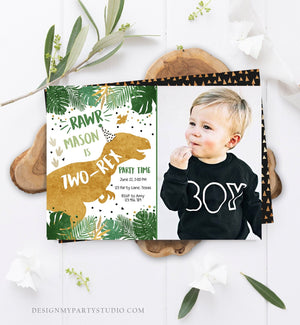 Editable Two-Rex Dinosaur Birthday Invitation Dino T-Rex Boy Second Birthday 2nd RAWR ROAR Green Gold Prehistoric Corjl Template 0146