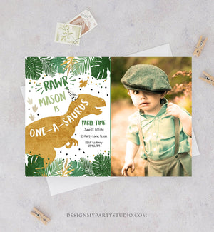 Editable One-A-Saurus Dinosaur Birthday Invitation Dino T-Rex Boy First Birthday 1st RAWR ROAR Green Gold Prehistoric Corjl Template 0146