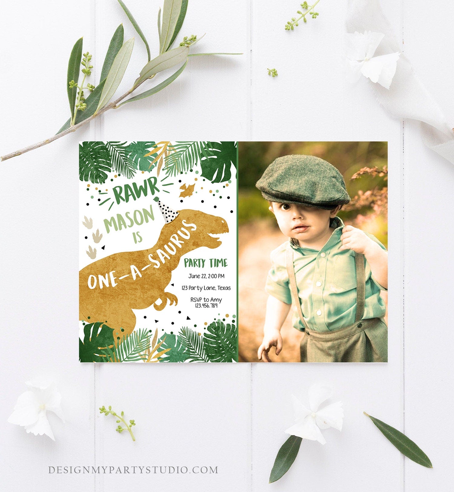 Editable One-A-Saurus Dinosaur Birthday Invitation Dino T-Rex Boy First Birthday 1st RAWR ROAR Green Gold Prehistoric Corjl Template 0146