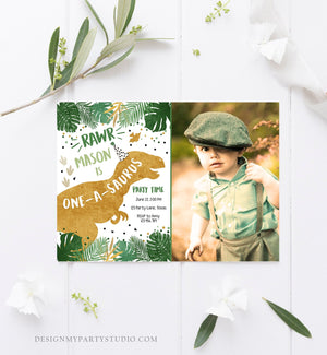 Editable One-A-Saurus Dinosaur Birthday Invitation Dino T-Rex Boy First Birthday 1st RAWR ROAR Green Gold Prehistoric Corjl Template 0146