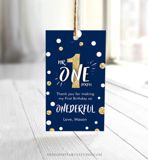 Editable Mr. Onederful Favor Tags Tags Birthday Thank you tags Navy Blue Gold Bow Boy First Birthday 1st Tags Template Corjl PRINTABLE 0072