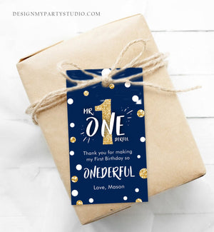 Editable Mr. Onederful Favor Tags Tags Birthday Thank you tags Navy Blue Gold Bow Boy First Birthday 1st Tags Template Corjl PRINTABLE 0072