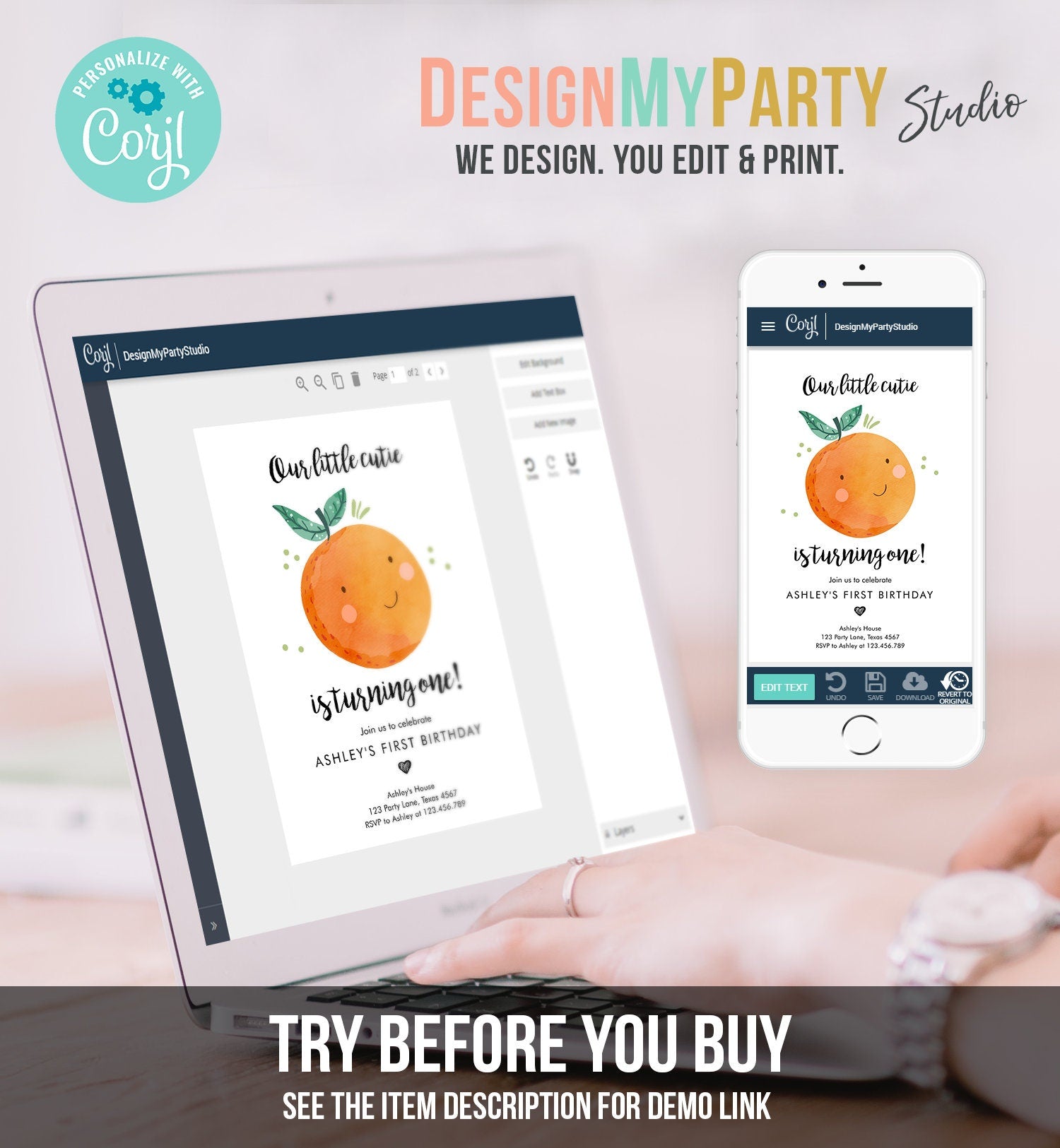 Editable Little Cutie Birthday Invitation Clementine Oranges Party Boy Girl Orange Citrus Digital Download Evite Template Printable 0330