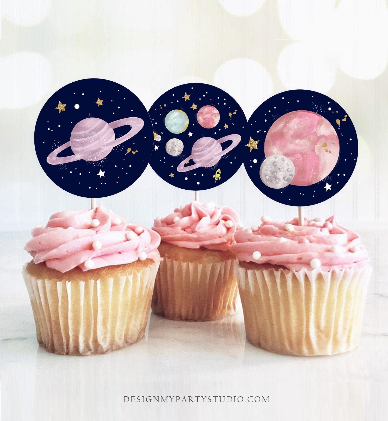 Outer Space Birthday Cupcake Toppers First Trip Around the Sun Favor Tags Space Birthday Planets Galaxy Girl Purple Digital PRINTABLE 0357