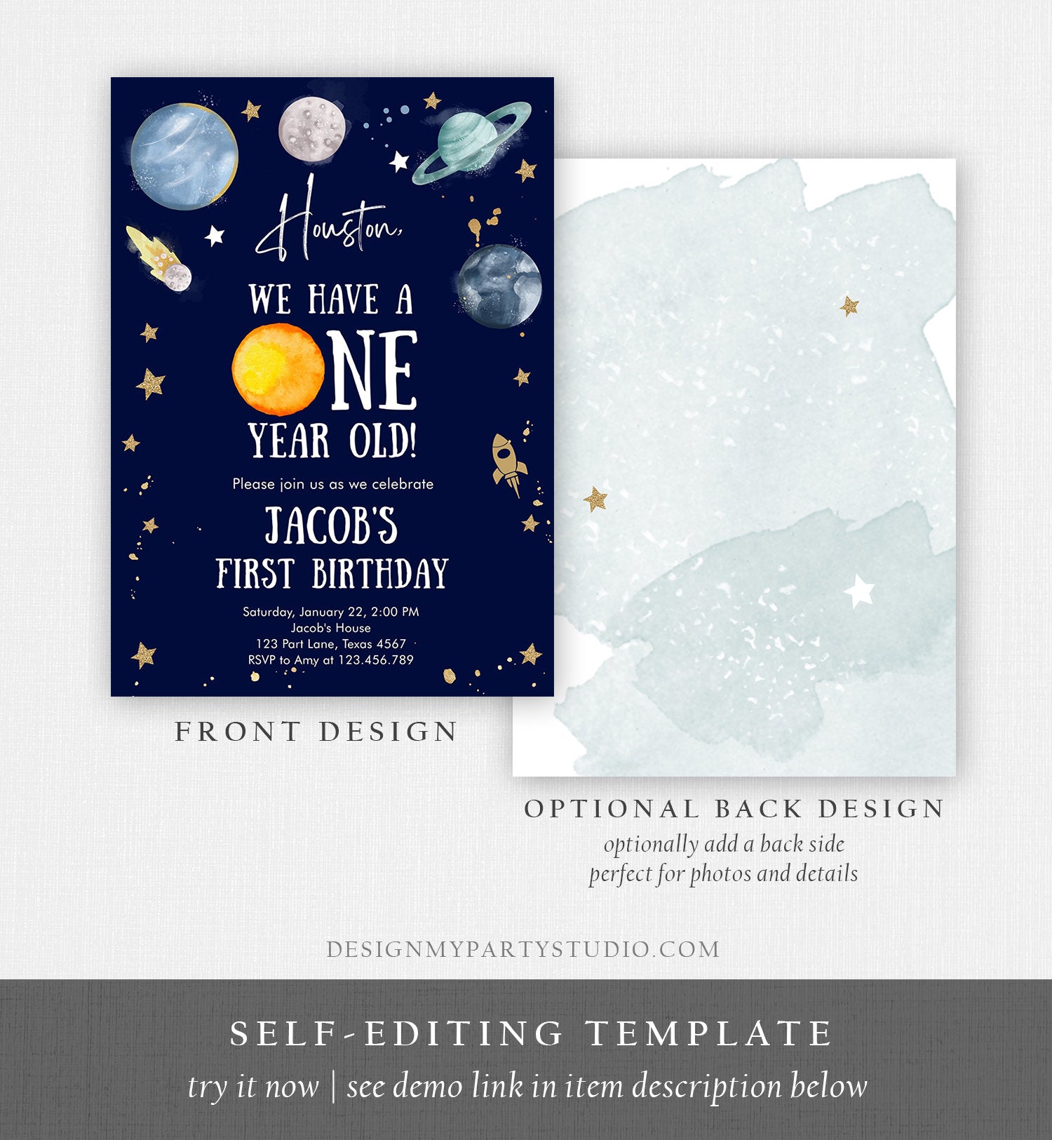 Editable Outer Space First Birthday Invitation Galaxy Houston First Trip Around the Sun One Digital Download Evite Template Printable 0357