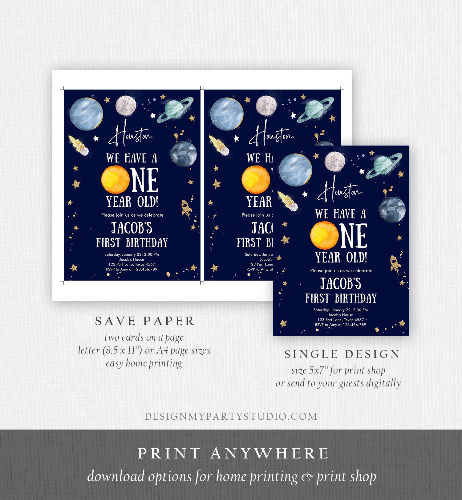 Editable Outer Space First Birthday Invitation Galaxy Houston First Trip Around the Sun One Digital Download Evite Template Printable 0357