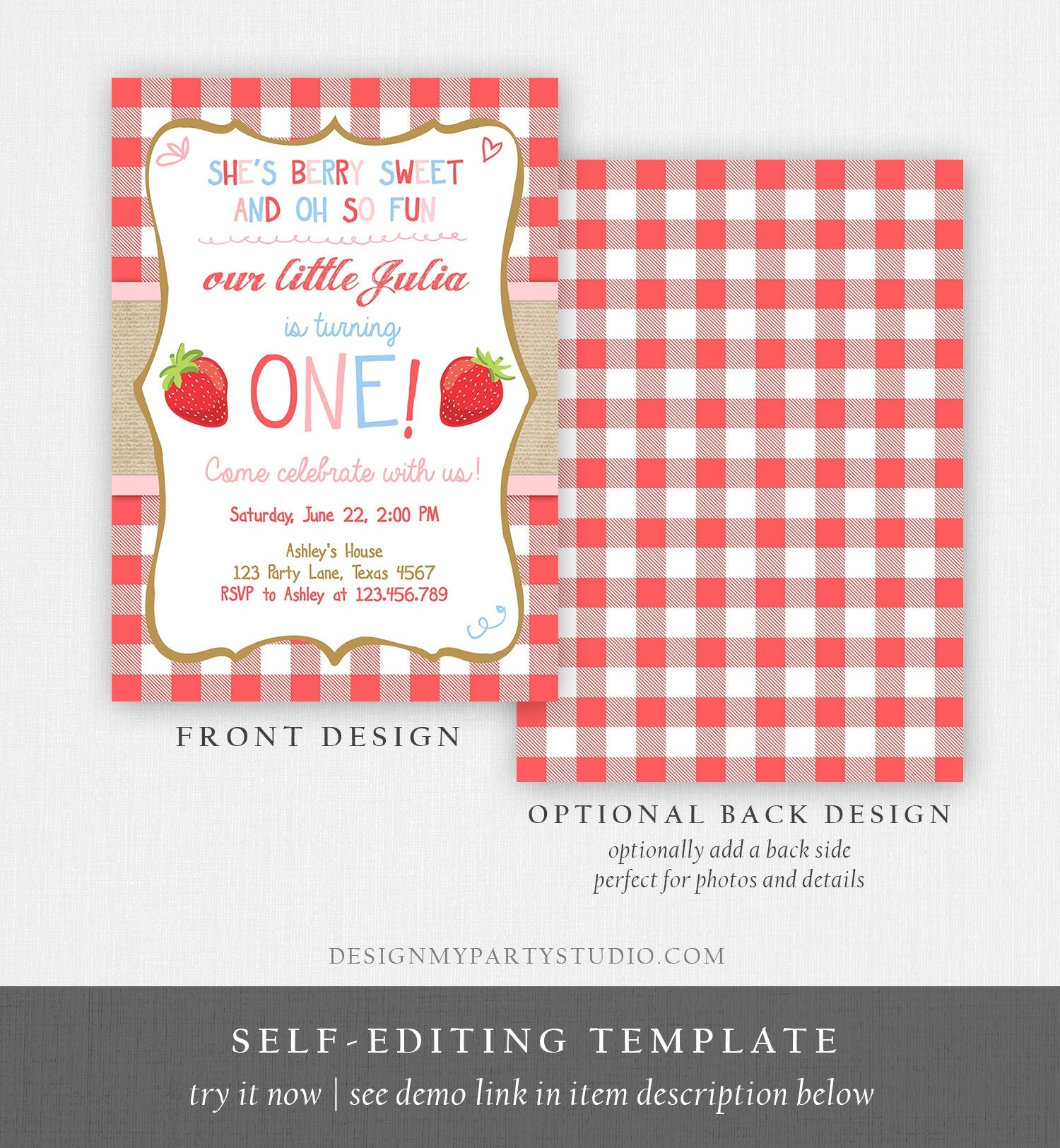 Editable Strawberry Birthday Invitation First Birthday Farmers Market Girl Pink Blue Download Printable ANY AGE Template Corjl Digital 0091