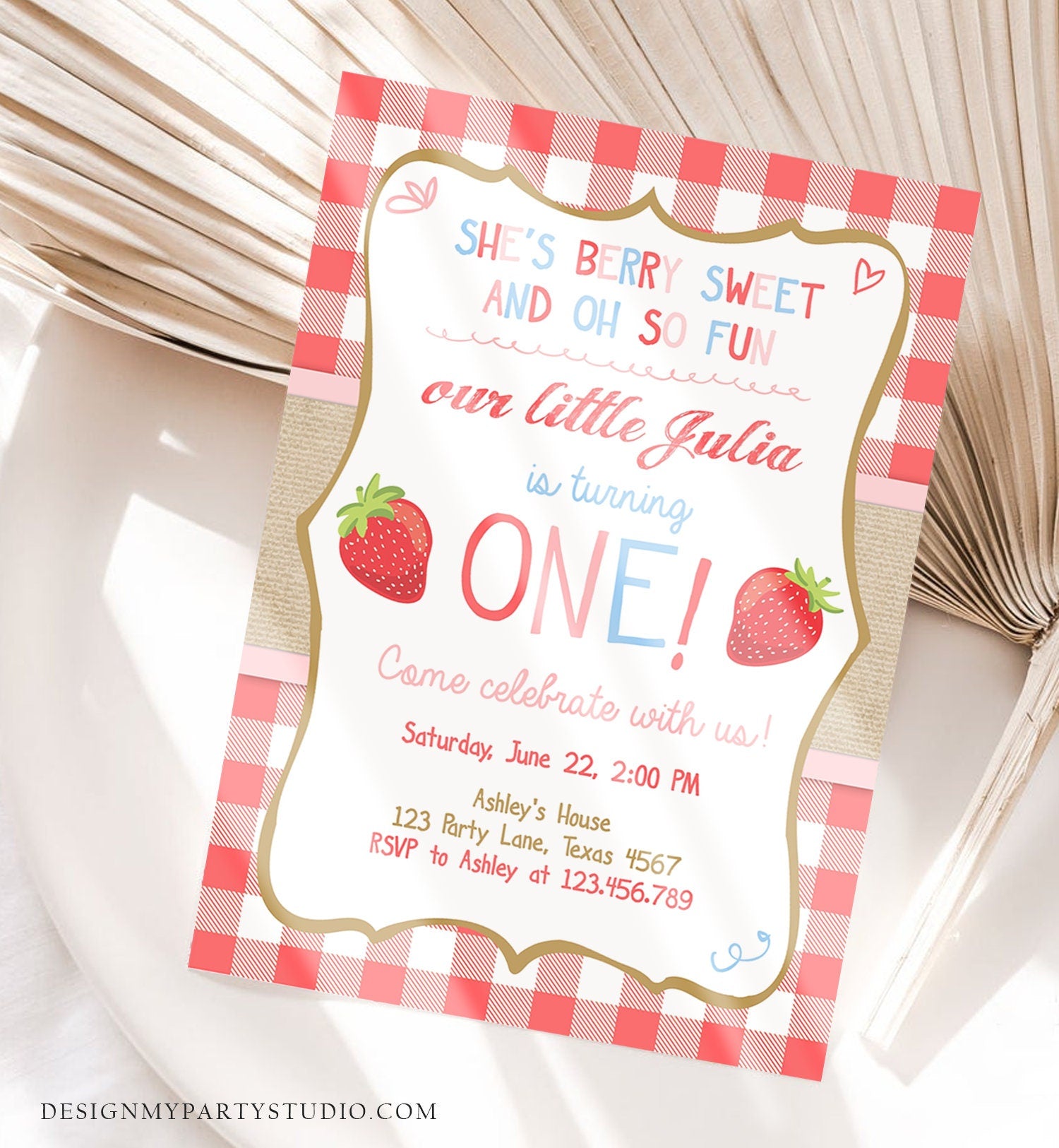 Editable Strawberry Birthday Invitation First Birthday Farmers Market Girl Pink Blue Download Printable ANY AGE Template Corjl Digital 0091