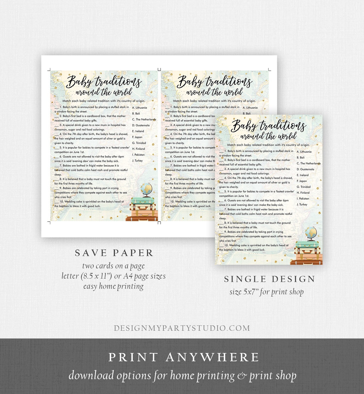 Editable Baby Traditions Around the World Baby Shower Game Card Travel Adventure Journey Activity Printable Download Template Corjl 0263