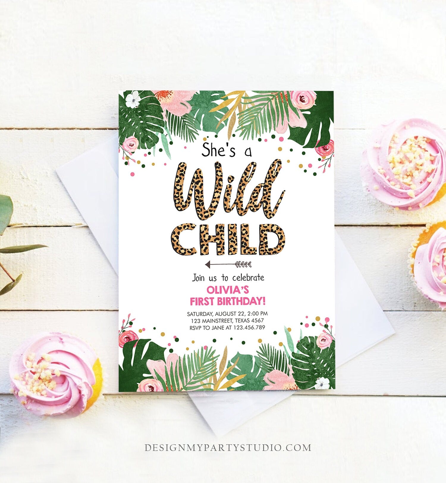 Editable Wild Child Birthday Invitation Girl Tropical Safari Pink Leopard Jungle Wild One Two Wild Digital Download Template Printable 0332